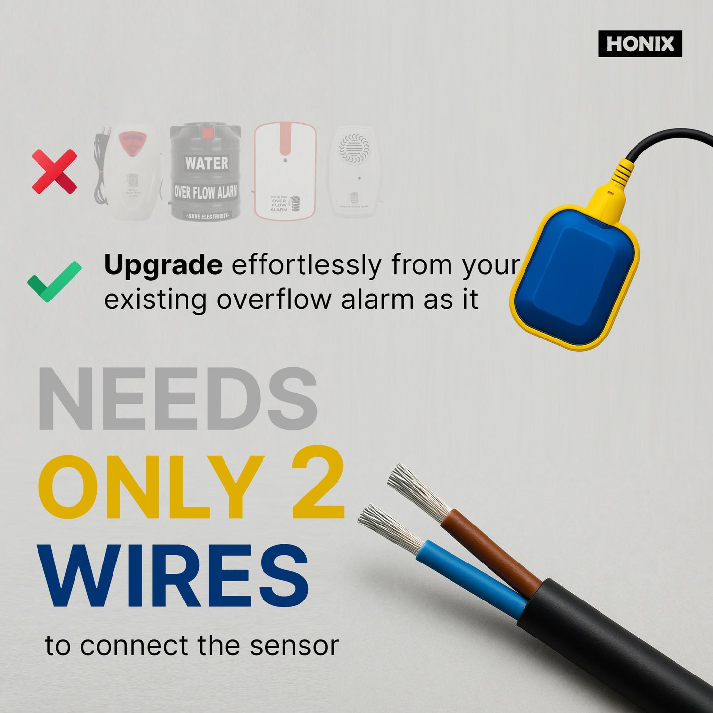 HONIX Fully Automatic Water Level Controller with Float Sensor | Automatic ON and Off | Overhead Tank Controller | Float Sensor, USB Adapter, USB Cable Included (Color-Grey, STC-Float-USB) | Tankstat STC-Float
