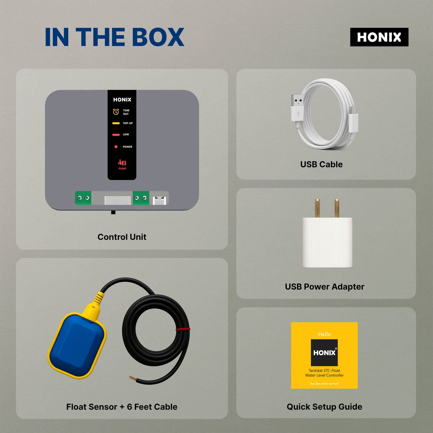HONIX Fully Automatic Water Level Controller with Float Sensor | Automatic ON and Off | Overhead Tank Controller | Float Sensor, USB Adapter, USB Cable Included (Color-Grey, STC-Float-USB) | Tankstat STC-Float