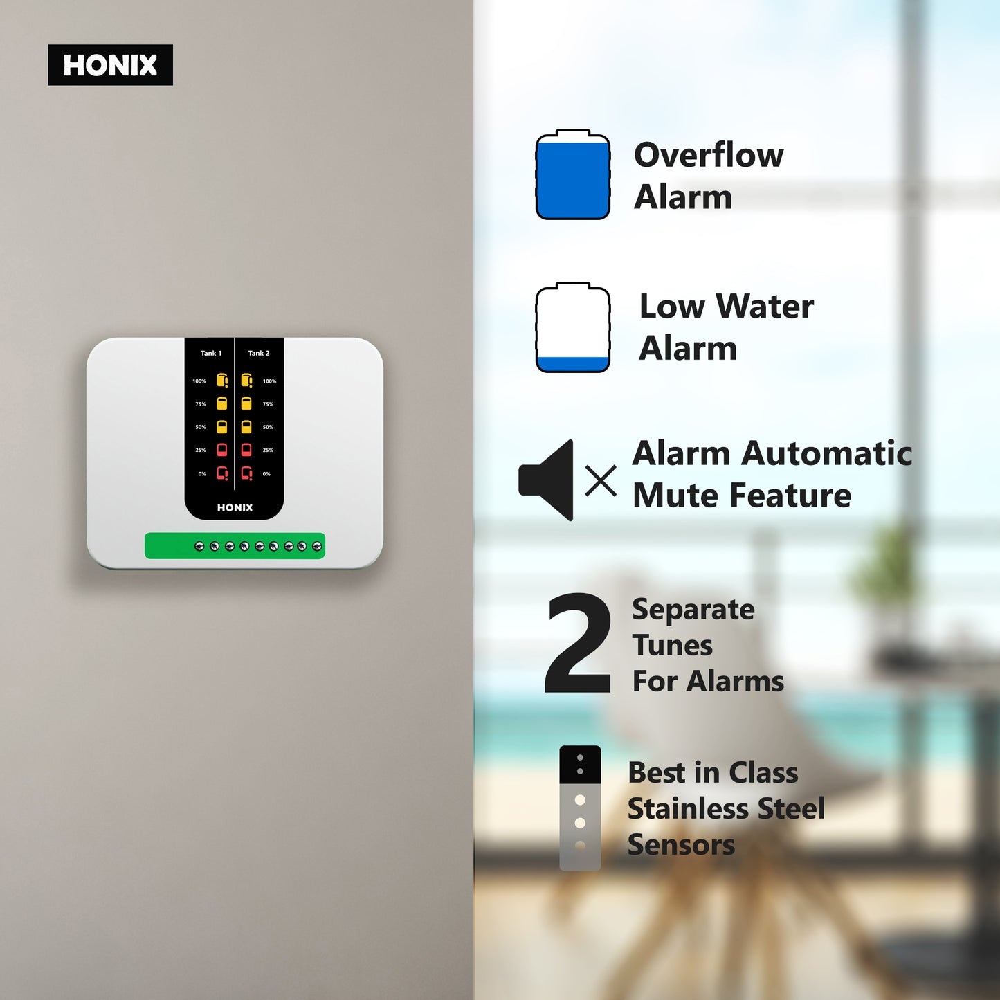 HONIX Tankstat DWLIA - Dual Tank Water Level Indicator with Alarm - Overflow Alarm and Low Level Alarm - Automute Alarm