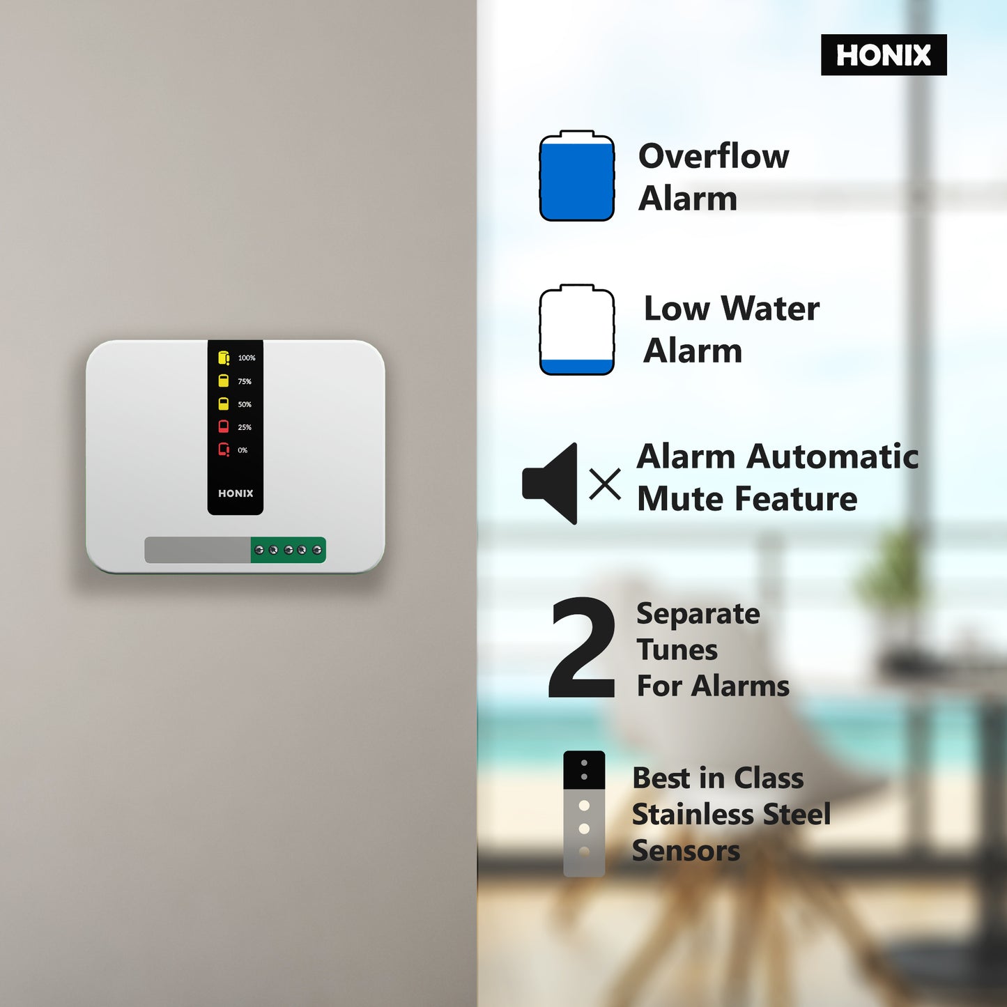 HONIX Water Level Indicator with Overflow Alarm and Low Level Alarm | 5 Level Indication | Auto-Mute Alarm | 5 Sensors | For Single Tank | Tankstat WLI