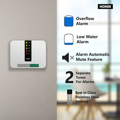 HONIX Water Level Indicator with Overflow Alarm and Low Level Alarm | 5 Level Indication | Auto-Mute Alarm | 5 Sensors | For Single Tank | Tankstat WLI